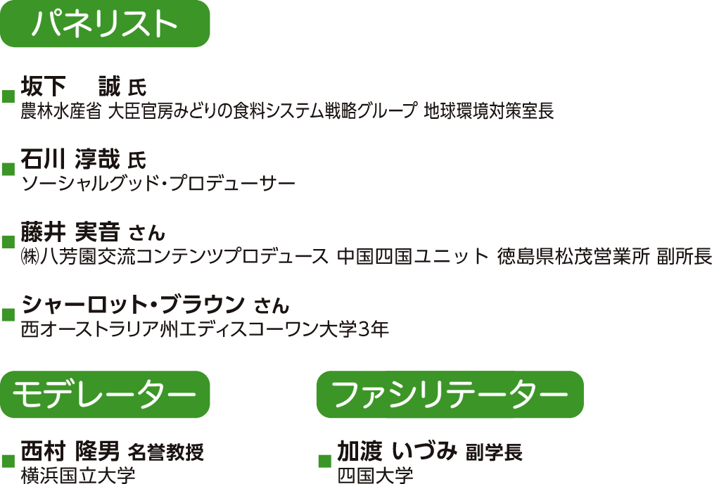 パネリスト 坂下 誠 氏 農林水産省 大臣官房みどりの食料システム戦略グループ 地球環境対策室長、石川 淳哉 氏 ソーシャルグッド・プロデューサー、藤井 実音 さん ㈱八芳園交流コンテンツプロデュース 中国四国ユニット 徳島県松茂営業所 副所長、シャーロット・ブラウン さん 西オーストラリア州エディスコーワン大学3年、モデレーター 西村 隆男 名誉教授 横浜国立大学、ファシリテーター 加渡 いづみ 副学長 四国大学